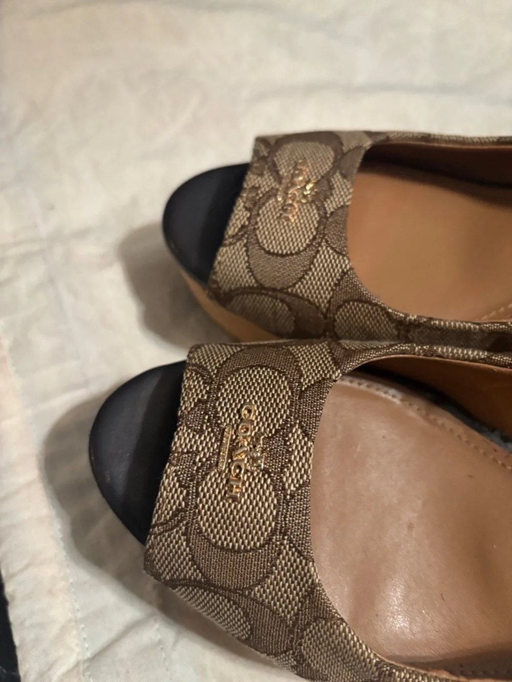 COACH Brown Signature Canvas Peep-Toe Slingback Wedges - Picture 2 of 7